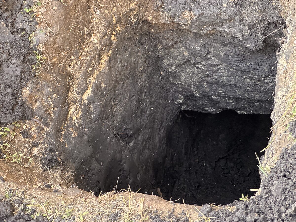 Hand-dug access pit opening into a tunnel beneath a slab foundation in dark clay soil