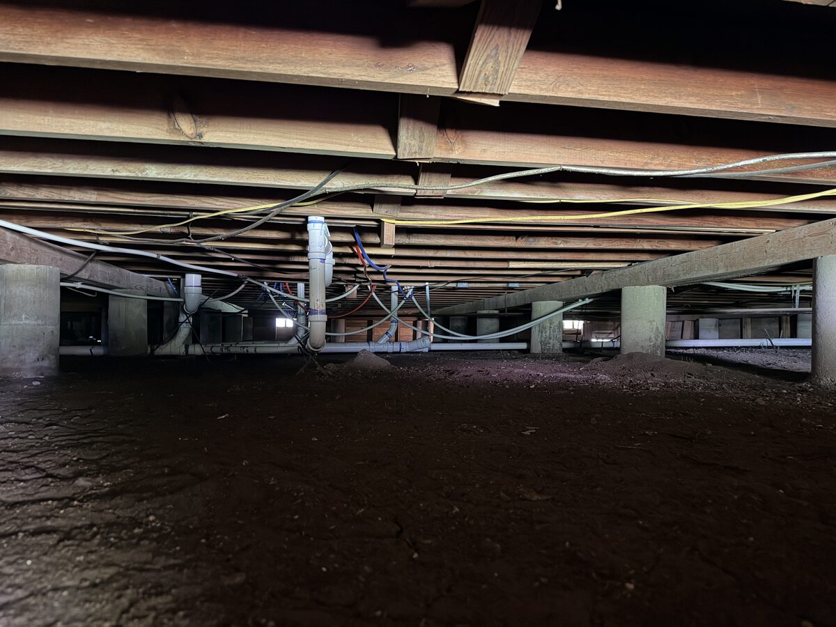 Underside of floor framing with long joists spanning a crawl space