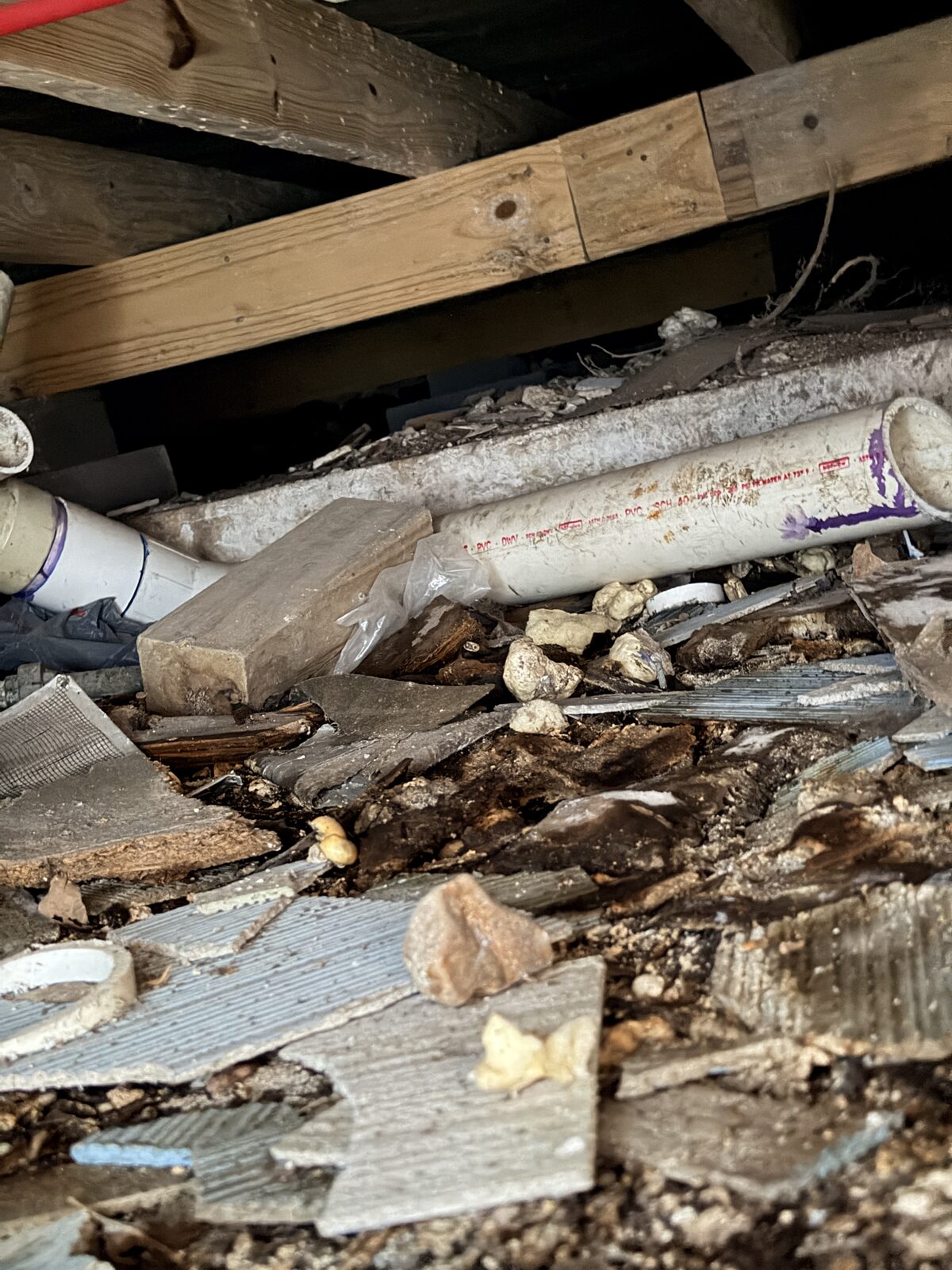 Rotted wood and debris around a white PVC drain line