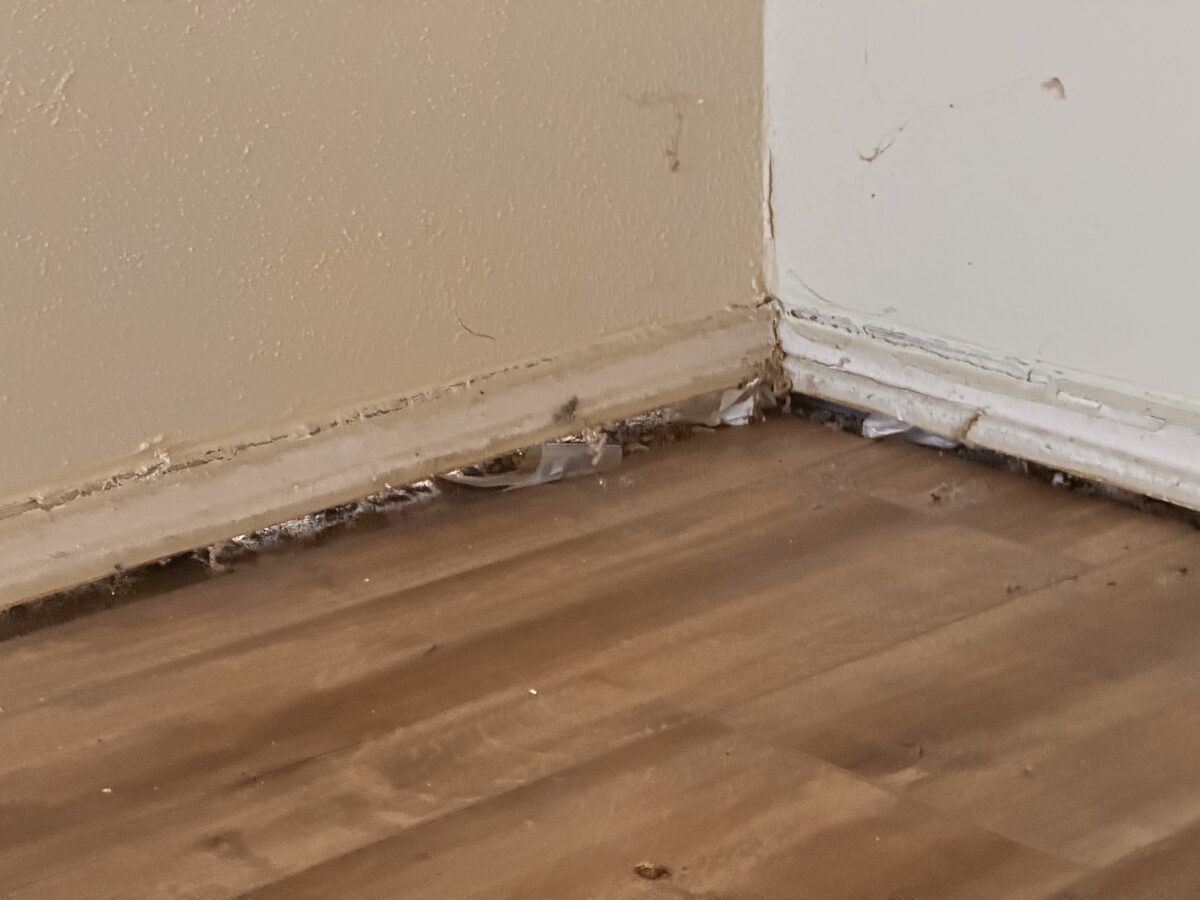 Close-up of torn caulk and a gap beneath a baseboard corner caused by foundation movement